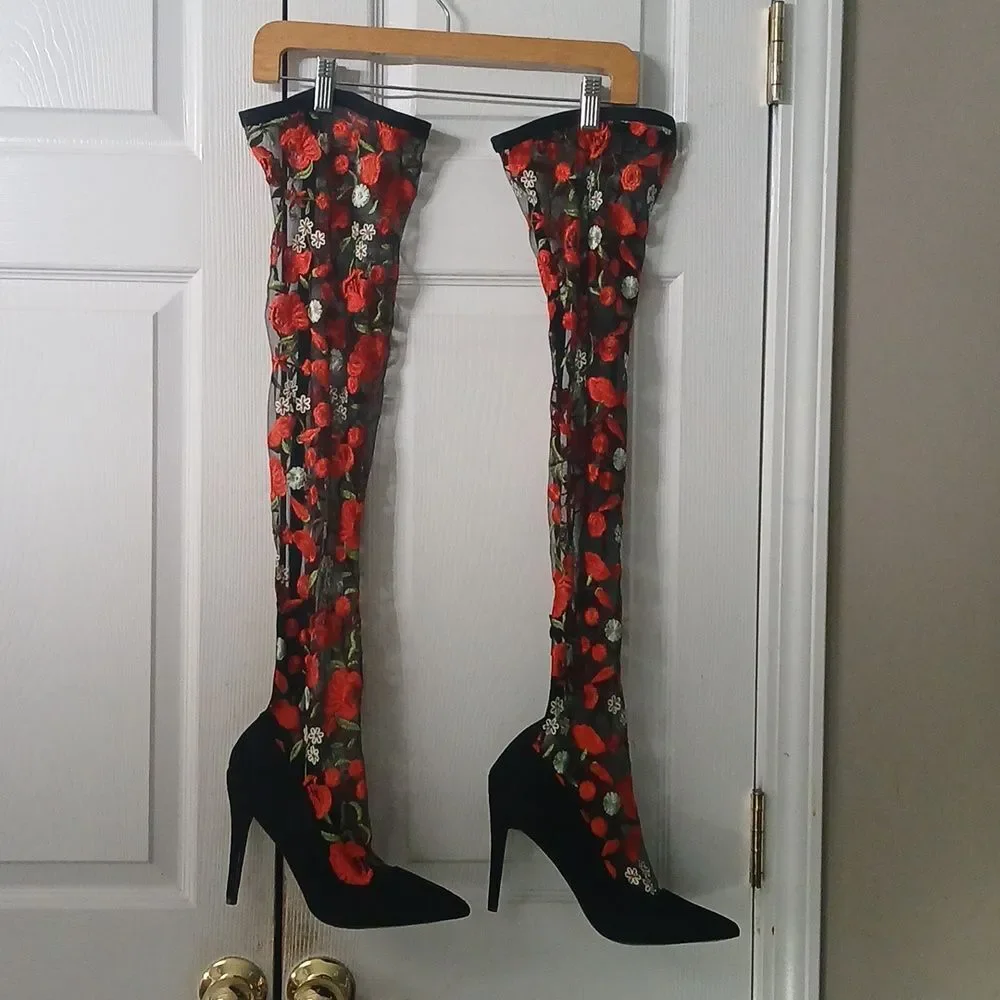 Design for Jacobies over the knee red black floral heeled boots  Sz 9 NWOT